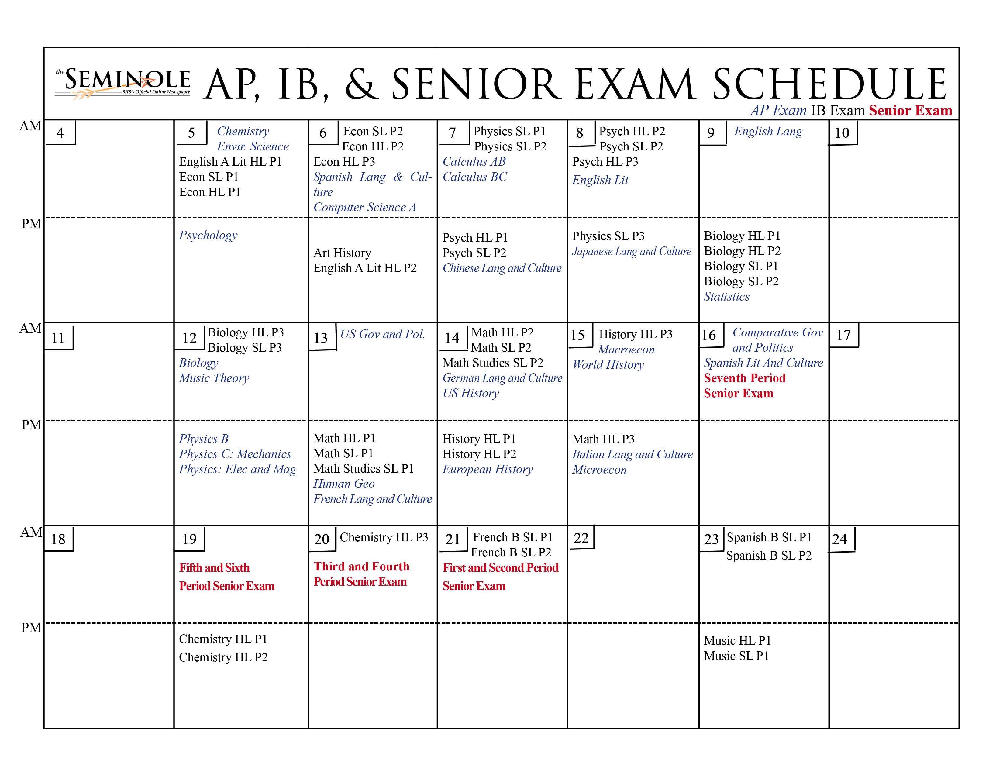 PRINTABLE CALENDAR AP, IB, AND SENIOR EXAM SCHEDULE FOR MAY THE