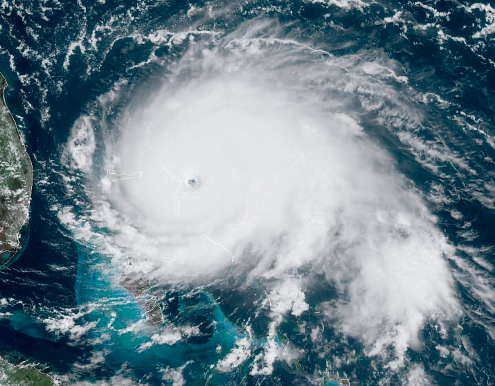 A satellite image of Hurricane Dorian over the Bahamas on Sept. 1, 2019.