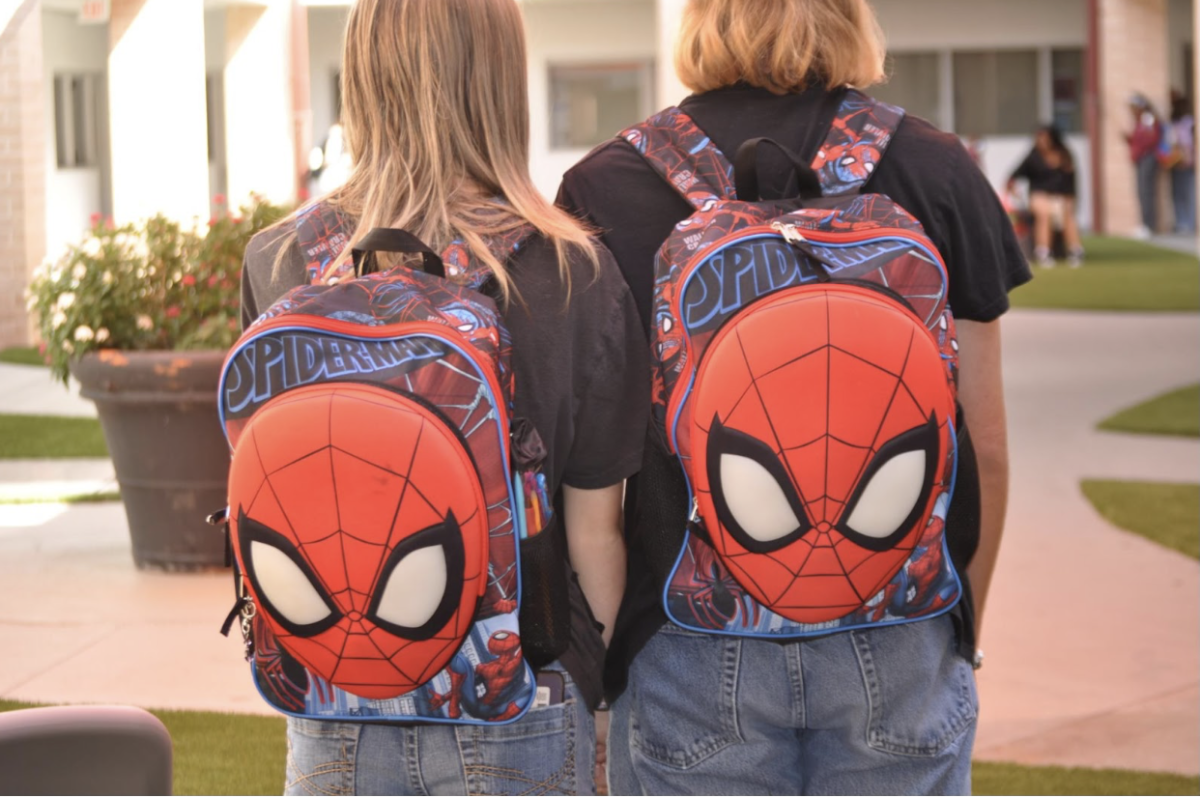A photo featuring Health Academy seniors with matching Spiderman backpacks.