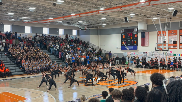 Seminole High School's Color-guard preforming for all the students in the pep rally. 
